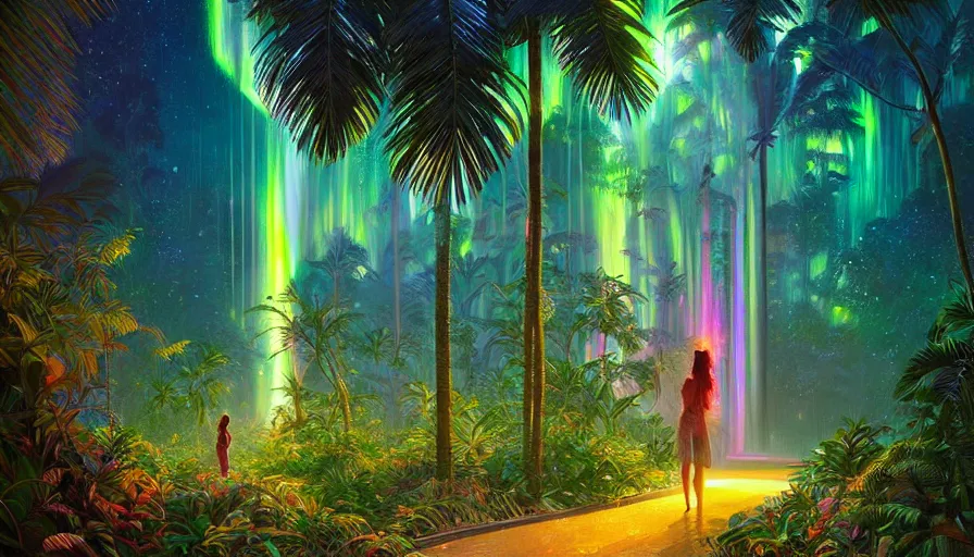 Prompt: portrait of a sparkling tropical grove with neon auroras, path traced, environment, highly detailed, high quality, digital painting, alena aenami, lilia alvarado, shinji aramaki, karol bak, alphonse mucha, tom bagshaw