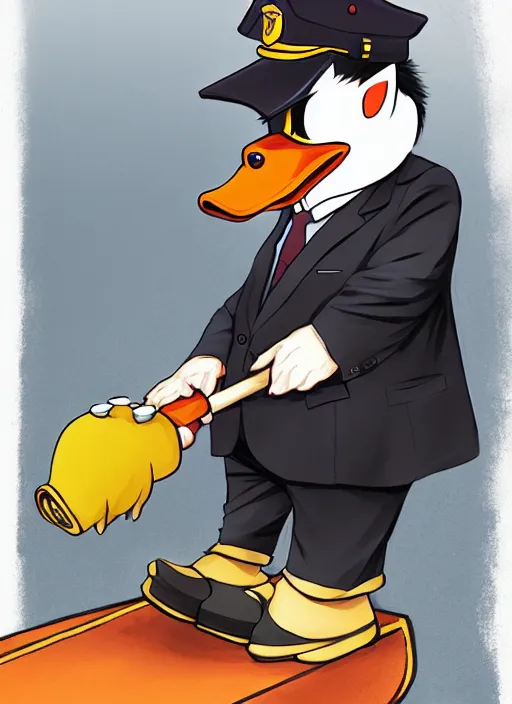 Image similar to commissioned full body portrait of a male anthro duck fursona with a duck head wearing a nice black suit and a fedora holding a baseball bat sitting on the hood of a police patrol car in a baseball stadium, by a professional manga illustrator, Stanley Artgerm Lau, WLOP, Rossdraws, James Jean, Andrei Riabovitchev, Marc Simonetti, and Sakimichan, trending on artstation