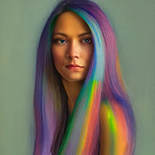 Prompt: a half painting half photo of a woman with iridescent hair