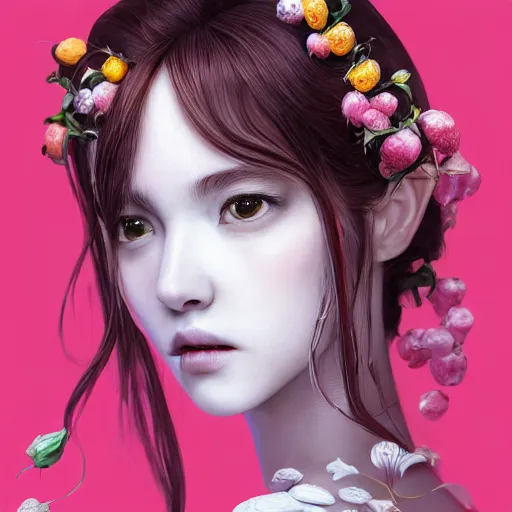 Image similar to the portrait of an absurdly beautiful, graceful, elegant, sophisticated, fashionable young idol made of strawberries and white petals with tears, an ultrafine hyperdetailed illustration by kim jung gi, irakli nadar, intricate linework, bright colors, octopath traveler, final fantasy, unreal engine 5 highly rendered, global illumination, radiant light, detailed and intricate environment