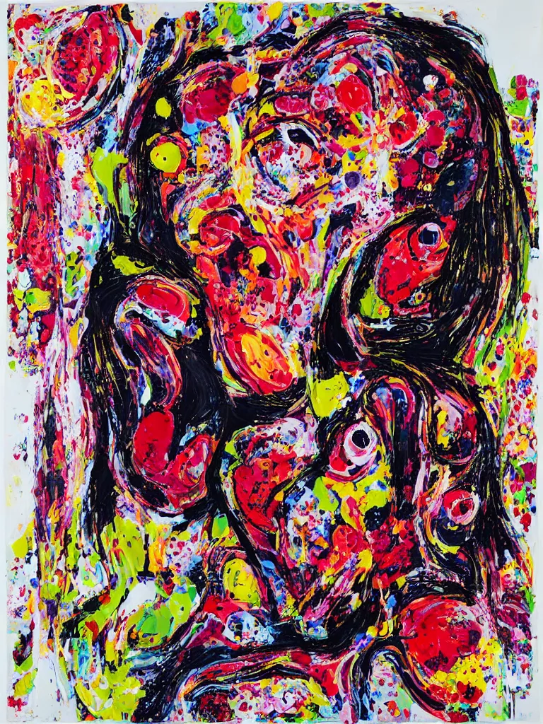 Prompt: “art in an Australian artist’s apartment, organic, portrait of a woman wearing white cotton cloth, neoexpressionist, eating luscious fresh raspberries and strawberries and blueberries, edible flowers, black background, aboriginal Dreamtime, Eora, Gadigal, intricate, bold colour, acrylic and spray paint and wax and oilstick on canvas”