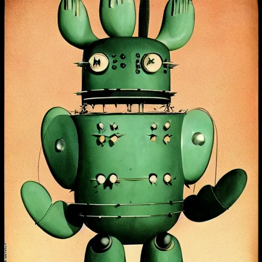 Image similar to 1950s retro cactus robot, with spikes on the head. Bionic Arms and eyes. pop surrealism, muted colours. by Jean-Baptiste Monge, wide shot