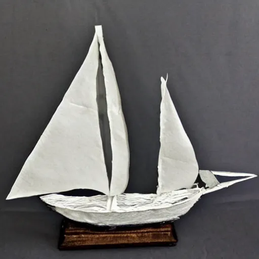 Prompt: my buddy buying a sailboat, paper mache, detailed