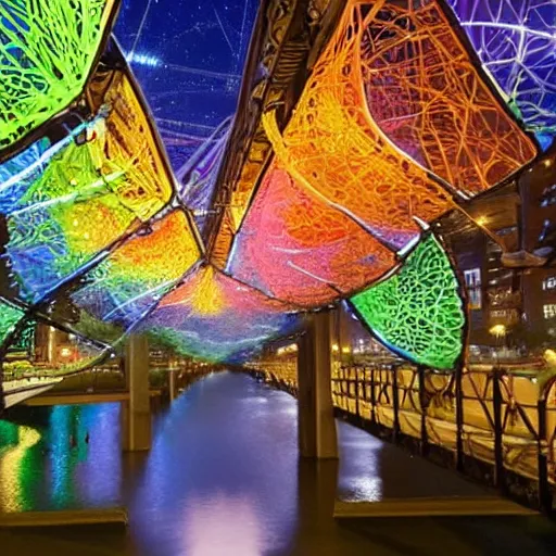 Image similar to vivid, robust by skottie young, by elena paraskeva. a kinetic sculpture of a group of flying islands, each with its own unique landscape, floating in the night sky. the islands are connected by a network of bridges. a small group of people can be seen walking along one of the bridges.