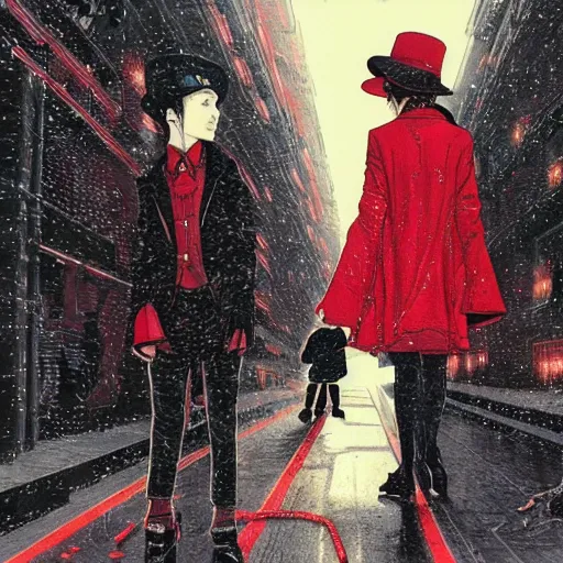 Image similar to a highly detailed epic cinematic concept art, cyberpunk, a thin man in a black coat and bowler hat talks with small young girl who is dressed in a red coat and a red hat, park, autumn, art by Takato Yamamoto and James Jean, high detail, width 768