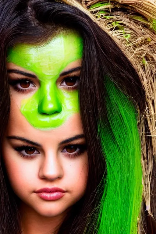 Image similar to close up headshot of selena gomez made out of celery, a human face with celery for hair, a bunch of celery sitting on a cutting board, professional food photography, selena gomez wearing green face paint