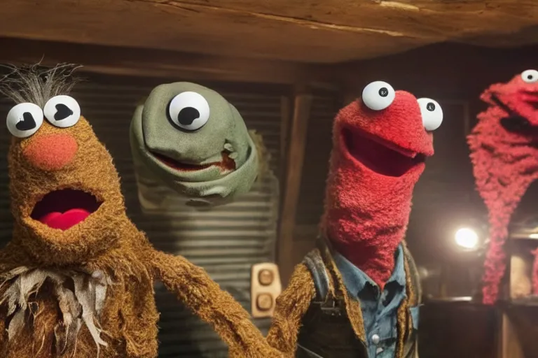 Prompt: High definition scene, inside the cabin, from Evil Dead Muppets starring BRUCE CAMPBELL as ASH