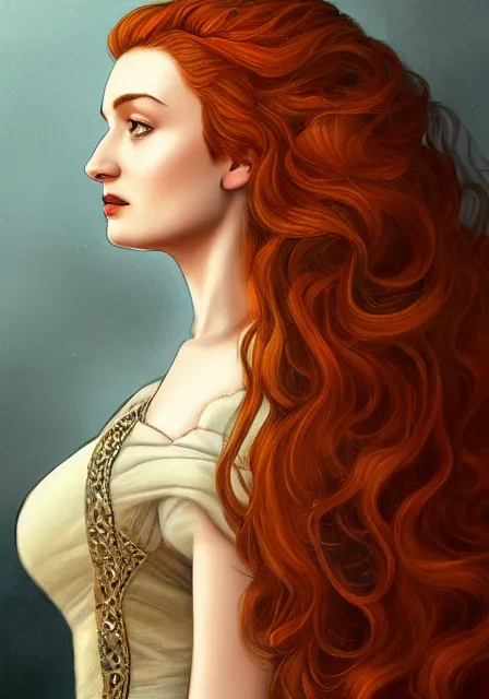 Image similar to sansa portrait in profile with a complex hairstyle with lots of curls, intricate, elegant, highly detailed, digital painting, artstation, concept art, smooth, sharp focus, illustration, pre - raphaelite style