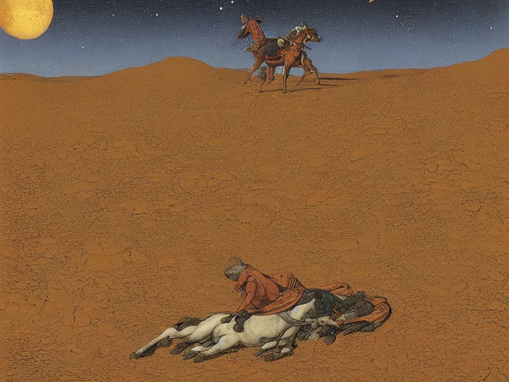 Image similar to portrait of a man with horse sleeping on the ground on mars. painting by limbourg brothers, moebius