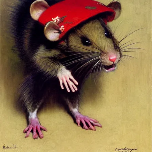 Image similar to a portrait of a furry rat wearing a red kimono, hairy, furry body, furry arms, feet, tail. highly detailed painting by gaston bussiere, craig mullins, j. c. leyendecker, furry