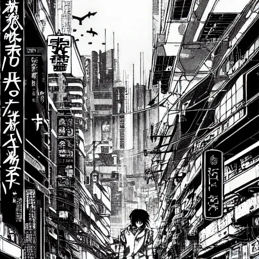 Prompt: high quality illustration of a japanese flooded cyberpunk city in the style of ghost in the shell and akira, manga, black and white, pencil, traditional art, anime, by katsuhiro otomo and masamune shirow and studio ghilibi and yukito kishiro, highly detailed