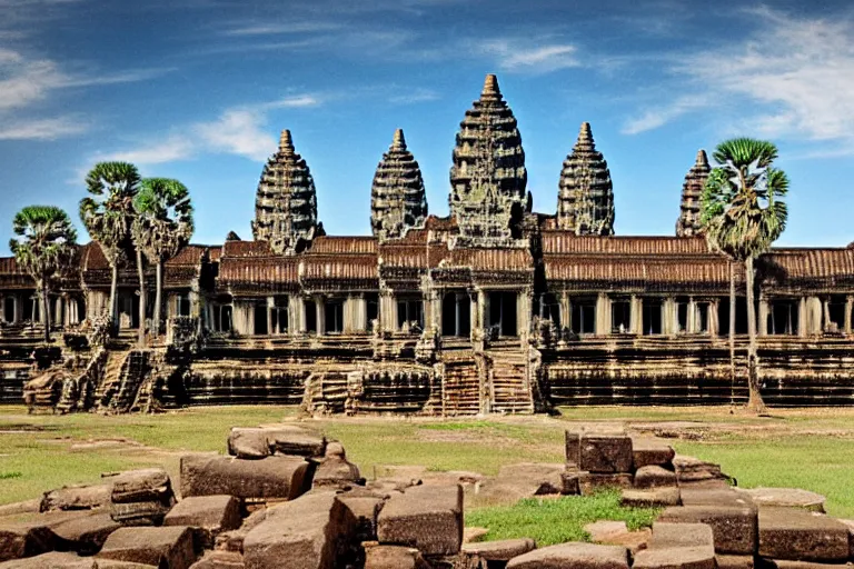 Image similar to Angkor Wat in 1253 covered in white marble and gold, surrounded by a large village, full of people, colorized historical grainy photograph, highly detailed, historically accurate