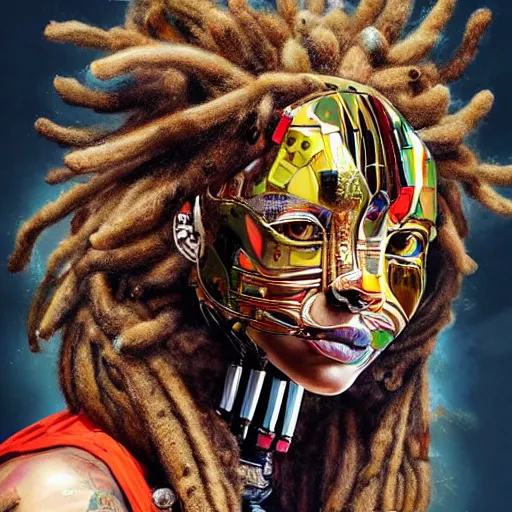 Image similar to portrait of cyborg lion with dreadlocks by sandra chevrier, by makoto shinkai, cybernetics, glamor shot, closeup, vivid colours, hyper realistic detailed intricate render, hypermaximalist, ornate, epic composition, sharp focus, masterpiece