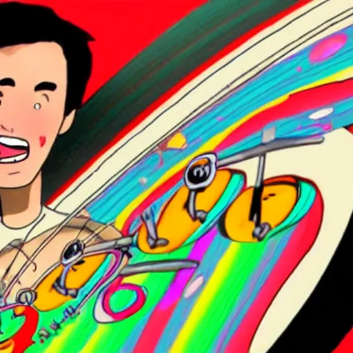 Image similar to cartoon of jacob collier playing saturn rings af if they were marimbas