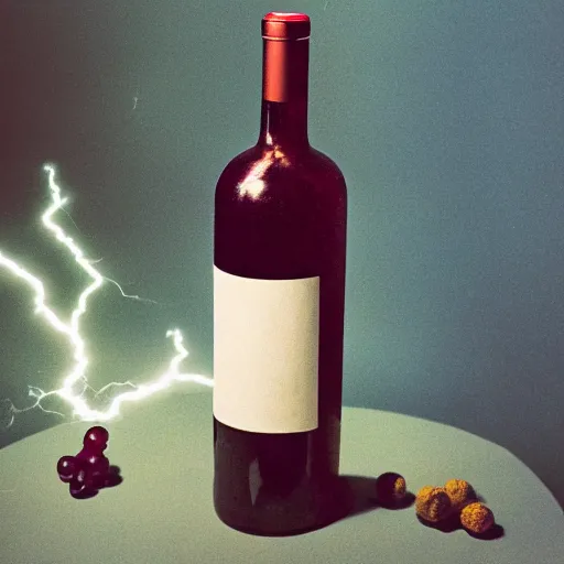 Prompt: still life photograph of a wine bottle filled with lightning