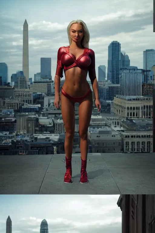 Image similar to VFX movie still frame portrait beautiful DC vs. Marvel hero Lindsey pelas natural skin, hero pose, natural evening light in the city by Emmanuel Lubezki