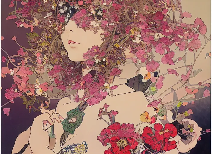 Image similar to oil painting, long shot, beautiful floralpunk japanese bio mechanical female illustration detailed patterns art of japan traditional dress, flower pop art, floral splash painting, art by ashley wood, alphonse mucha, makoto shinkai, geof darrow, dark shadow