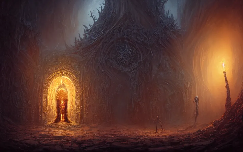 Prompt: center view of an extremely detailed intricate concept art of hooded necromancer in front of a lovecraft portal, wide - angle portrait, by android jones and greg rutkowski, gaston bussiere, craig mullins, synthwave color scheme, cinematic lighting, trending on artstation, volumetric dust, intricate, elegant, pro photography by, vivid colors