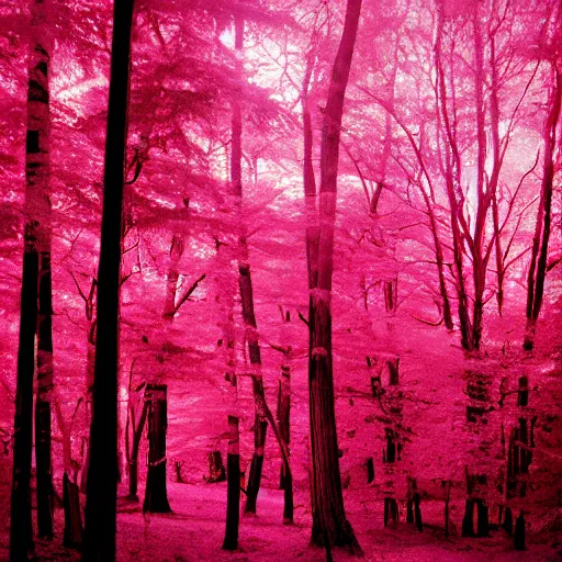 Prompt: forest on Kodak aerochrome, Helios 44 lens