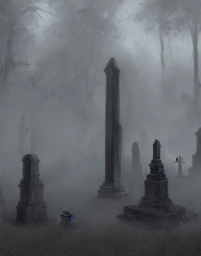 Image similar to , a gloomy cemetery with fog by craig mullins, concept art, artstation, trending on instagram, 8 k, ultra detailed, award winning,