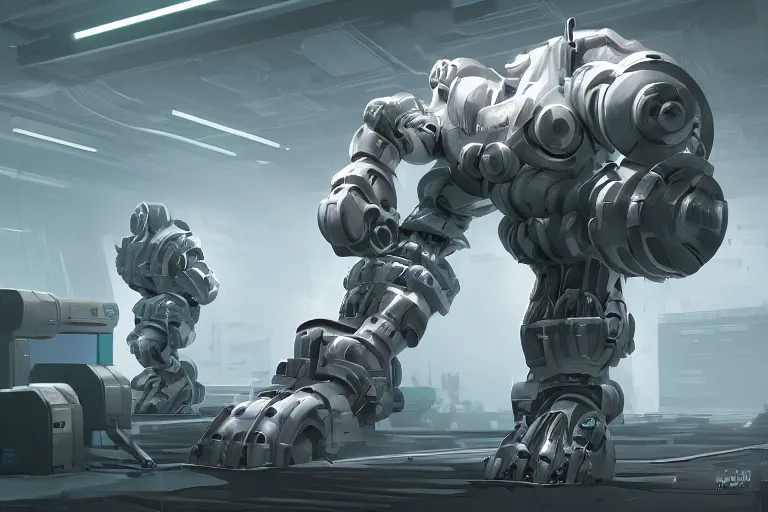 Prompt: parallax datacenter server room single mono colossus white rusty android robosaurus guard in artstation cinematic detailed concept art volumetric light sharp coherent cgsociety symmetric perfect
