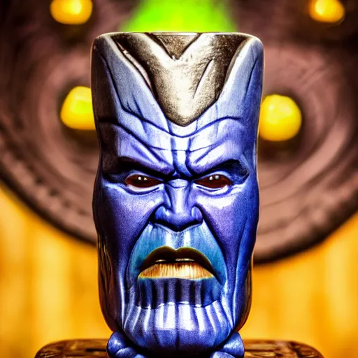 Prompt: a closeup photorealistic photograph of a glossy thanos style tiki mug sitting at a trader vic's bar featuring the face of thanos. tiki party. bright scene. fine detail. this 4 k hd image is trending on artstation, featured on behance, well - rendered, extra crisp, features intricate detail, epic composition and the style of unreal engine.