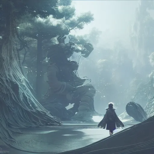 Image similar to kodak portra 8 0 0, infinitely detailed hd scenery ambience from nier automata, dream design, relief concept, majestic dream scenery smooth, sharp focus, an ultrafine detailed illustration by james jean, intricate linework, octane render, by ruan jia and nier automata detailed cybermagic atmospherics