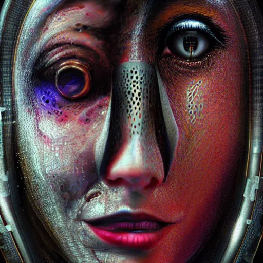 Image similar to full face close up portrait, visions of chaos in a thriving dystopia, by peter woodroffe, by igor morski, by laurie lipton, in a cyber - punk ally, cinematic lighting, volumetric lighting, neosurrealism, realistic shadows, particle effects, rendered in octane, punk, electric, cosmic, cybernetic