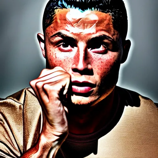 Prompt: uhd candid photo of cosmic og ronaldo phenomenal, glowing, global illumination, studio lighting, radiant light, hyperdetailed, correct face, elaborate intricate details. photo by annie leibowitz