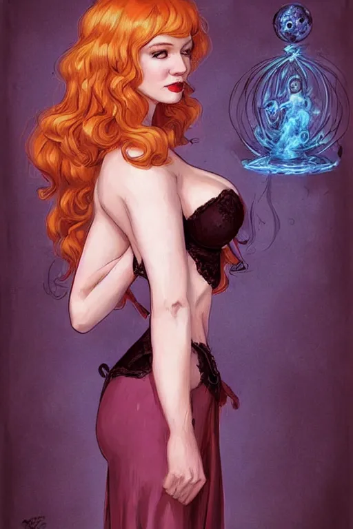 Image similar to frontal standing pose portrait of Christina Hendricks as a sensual Sabrina the Teenager Witch, very beautiful young woman, ginger straight hair, Victorian-era push-up underwire. Intricate, concept art, magic mystique imagery themed, D&D!, fantasy style, sharp focus!, ultra detailed, art by Artgerm and Peter Andrew Jones, WLUP, Magali Villeneuve