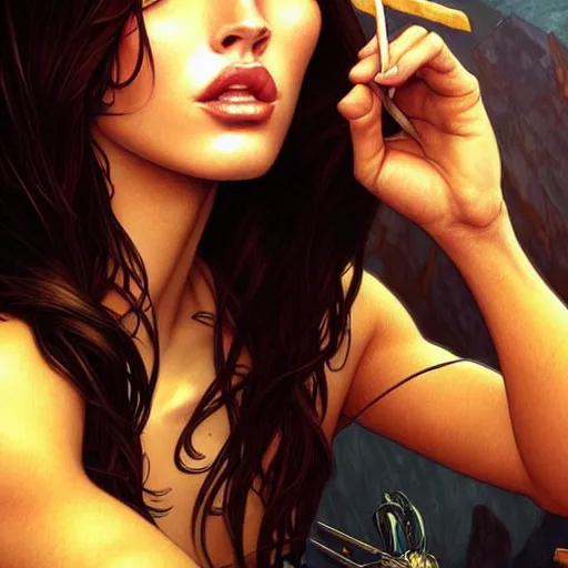 Image similar to Megan Fox eating french fries, closeup, D&D, fantasy, intricate, elegant, highly detailed, digital painting, artstation, concept art, matte, sharp focus, illustration, art by Artgerm and Greg Rutkowski and Alphonse Mucha