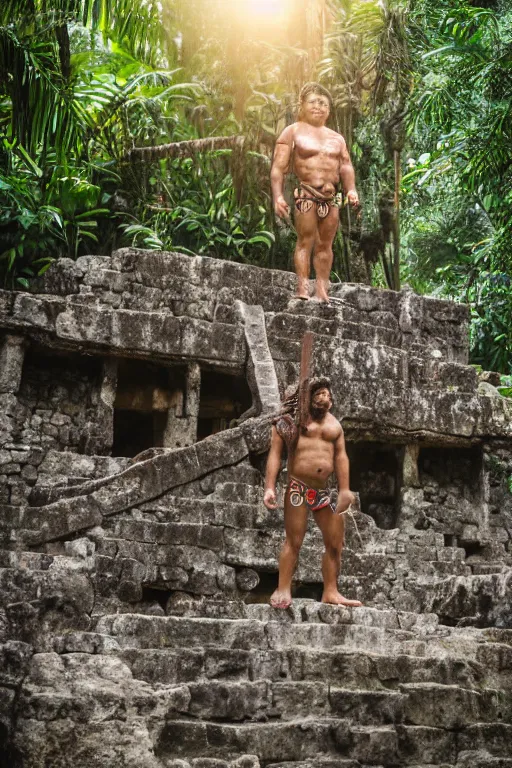 Prompt: mid distance photo of mayan jaguar warrior standing on the diving board in las pozas, 3 5 mm, highly detailed, color photo, cinematic lighting