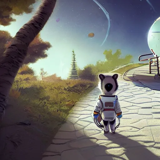 Prompt: an astronaut walking a racoon on a leash in a suburban neighbourhood, artstation, 4 k, epic composition, in the style of