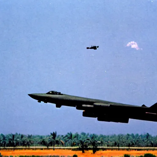 Prompt: realistic b - 5 2 dropping bombs in vietnam