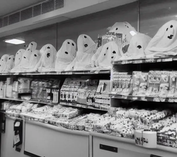 Image similar to security camera footage of bedsheet ghosts haunting a convenient store