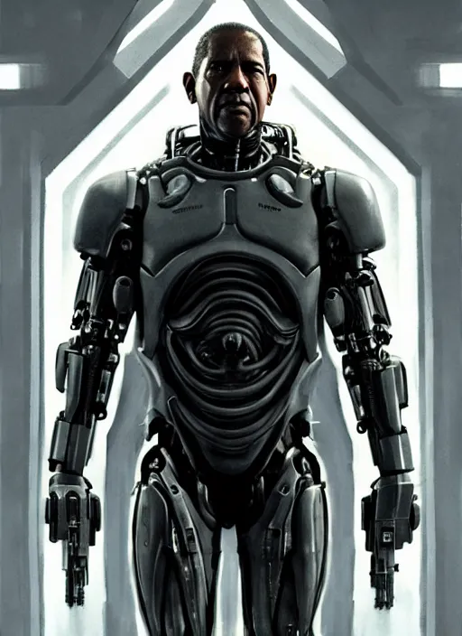 Image similar to denzel washington as victor stone, full body concept, cyborg, borg, strogg, face of a man, terminator, flesh, quake strogg, doom demon, wolfenstein, monstrous, powerful, symmetry, symmetrical, concept art by ruan jia and greg rutkowski