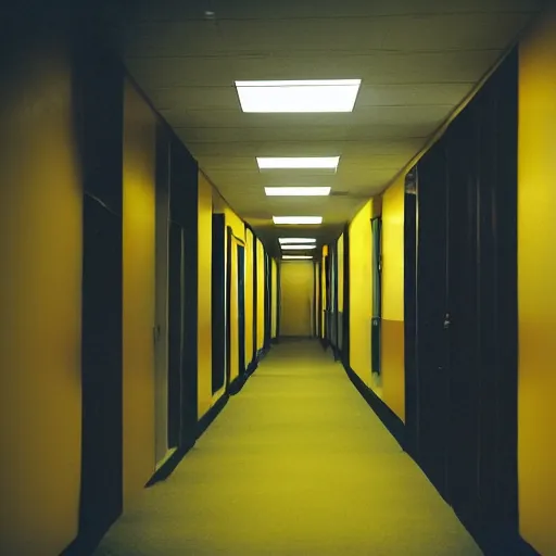 Prompt: the hallways of an empty yellow windowless office with yellow walls and yellow florescent lights, liminal space, disposable camera