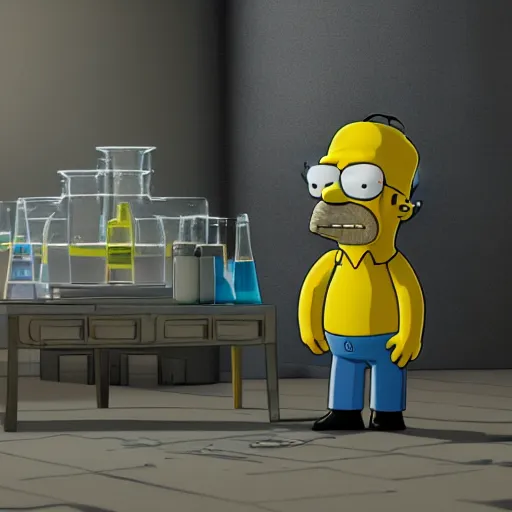 Image similar to walter white doing chemistry stuff in the simpsons, digital art, octane render