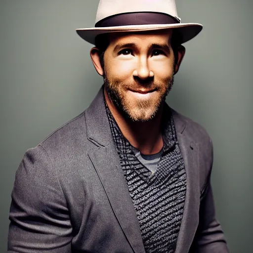 Image similar to studio photo of ryan reynolds wearing a fedora, professional photo, close up, studio lighting, high quality