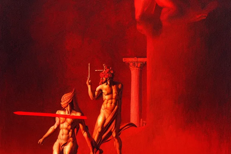 Image similar to only with red, a red melted apollo with a laurel wreath and a flaming sword announce the win, atene in the background, in the style of beksinski, part by hopper, part by rodcenko, part by hofbauer, intricate composition, red by caravaggio, insanely quality, highly detailed, masterpiece, red light, artstation