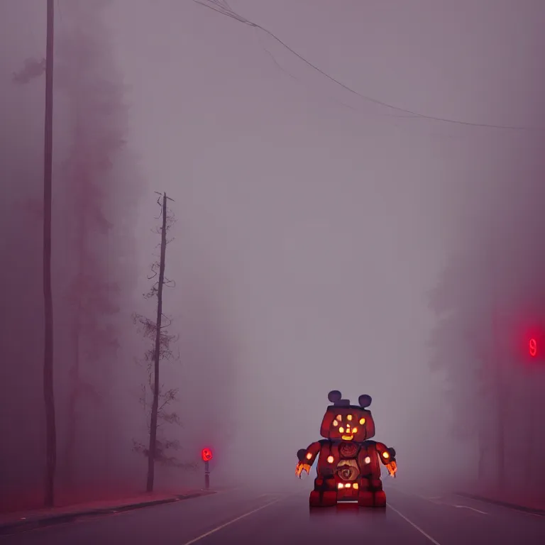 Image similar to a giant freddy fazbear robot animatronic bear in the middle of a foggy street, award - winning art by simon stalenhag, trending on artstation