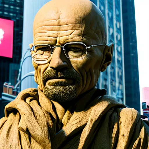 Prompt: extreme long - shot photograph of a renaissance clay sculpture of walter white wearing a phrygian cap in times square, made by michelangelo, hyper detailed, sharp focus, 8 k resolution, ray tracing