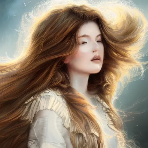 Image similar to A portrait of an attractive young female wind angel, beautiful long windy hair, wearing tumultus clouds, intricate, highly detailed, elegant, digital painting, trending on artstation