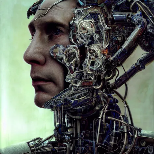 Image similar to hyperrealistic mixed media portrait of a Robot of Vladimir Putin forward angle, stunning 3d render inspired art by P. Craig Russell and Barry Windsor-Smith + perfect facial symmetry + dim volumetric lighting, 8k octane beautifully detailed render, post-processing, extremely hyperdetailed, intricate futuristic mechanic parts, epic composition, grim yet sparkling atmosphere, cinematic lighting + masterpiece, trending on artstation
