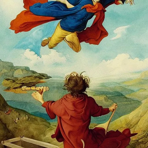 Image similar to a beautiful painting of harry potter flying on a broom by Philipp Otto Runge, masterpiece, Extremely detailed