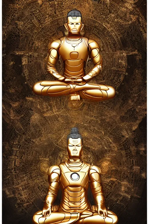 Image similar to digital masterpiece illustration concept art of porcelain statue of buddha gautama as iron man, varasana, lotus, padmasana, extremely detailed and intricate complexity, epic composition, magical atmosphere, cinematic lighting, wide long shot, trending on artstation, 8 k