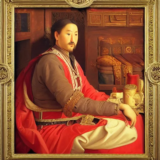 Image similar to Highly detailed and cinematic Renaissance period portrait oil painting Kublai Khan, an oil painting ((masterpiece)) by ((Josep Tapiró Baró)), dynamic lighting, 8K