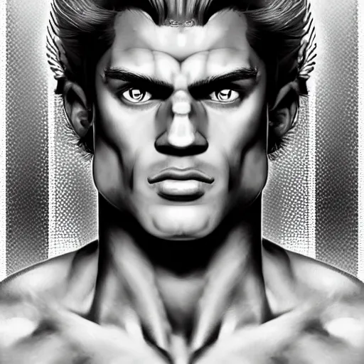 Image similar to handsome portrait of a spartan guy bodybuilder posing, intricate details, trending on artstation, sharp focus, caustics, radiant light, translucence, style of vento aureo cover art, style of stone ocean cover art, style of steel ball run cover art, ilya kuvishinov style, illustrated by hirohhiko araki