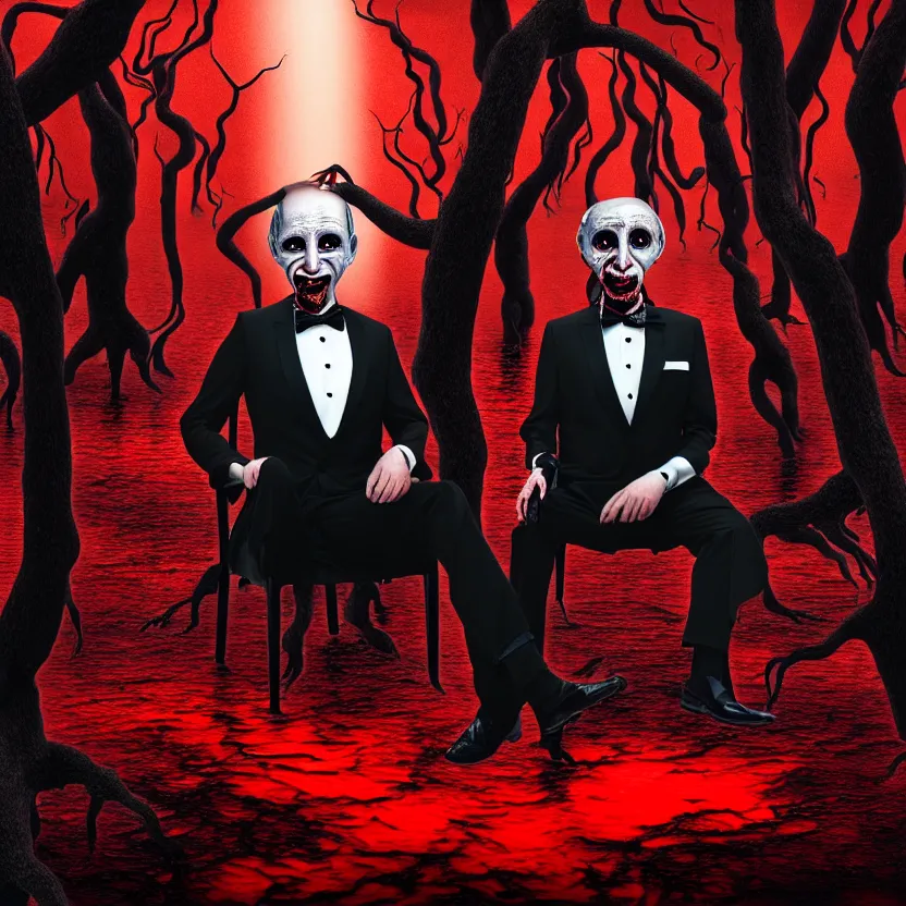 Image similar to a portrait of a man in a tuxedo with five heads, twelve arms, and sixteen legs, sitting on chair made of human limbs, the chair is floating in a lake of blood, surrounding the lake are melting trees, digital art, hyperrealistic nightmare scene, supernatural, highly detailed, creepy, terrifying