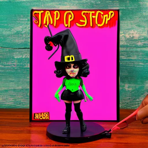 Prompt: neon witch stop motion vinyl action figure, plastic, toy, butcher billy style